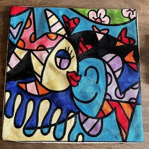 Romero Britto Embroidered Pillow Cover Sham 17” Kissing Fish Pop Art Love